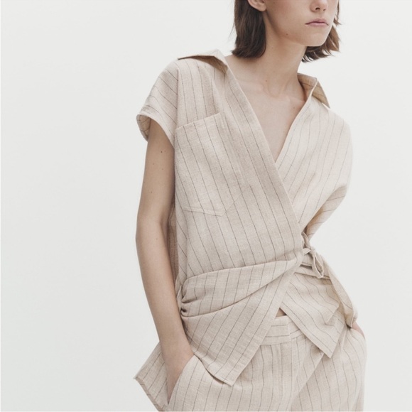 Massimo Dutti Tops - Massimo Dutti pinstripe wrap top linen cotton blouse natural fibers size small